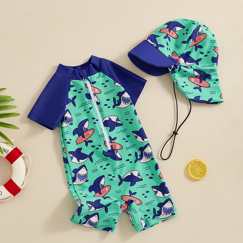 Maillot de bain pour bébé garçon, protection contre les éruptions cutanées, décontracté, manches courtes, fermeture éclair, avec chapeau de soleil, ensemble 2 pièces pour 0-3 ans