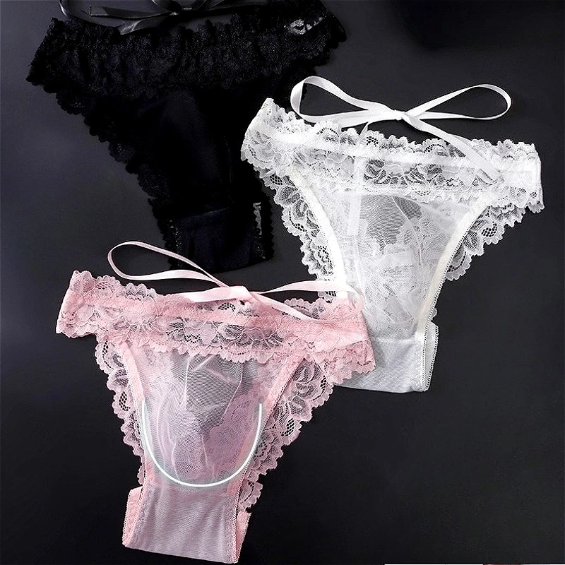 Transparent Mens Sexy Underwear Lace Lingerie Bow Back Hollow Out Men Convex Pouch Briefs Mesh Man Panties Low Rise Underpants