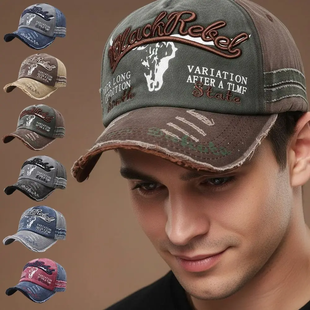 

Vintage Bull Head Skull Letter Embroidery Baseball Cap Adjustable Hip-hop Distressed Faded Cap Sunscreen Hats For Man Women