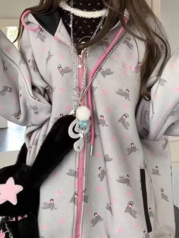 

Oversize Print Hooded Open Cardigan Women's Loose Style Long Sleeve Sweatshirt Korean Fashion Autumn Winter New Arrival