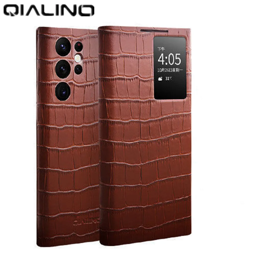 Original Qialino Genuine Leather S View Flip Cover For Samsung Galaxy S22 Ultra Plus Crocodile Texture Window Display Smart Case