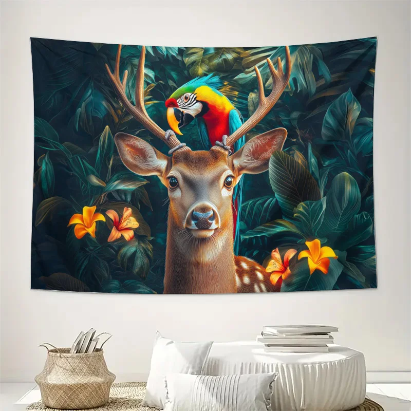 Large Tropical Jungle Tapestry Wall Hanging Safari Deer and Vibrant Macaw Parrot Forest Wall Art Bohemian Boho Print Decoration