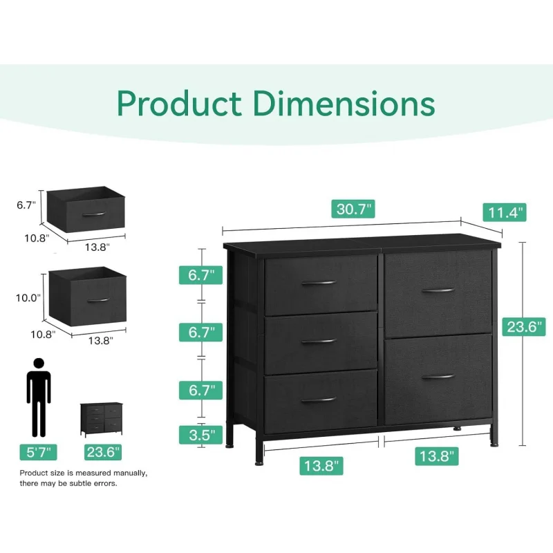 Dresser for Bedroom Dresser TV Stand with 5 Storage Drawers, Small Fabric Dresser Chest of Drawers for Closet Organizer Clothes