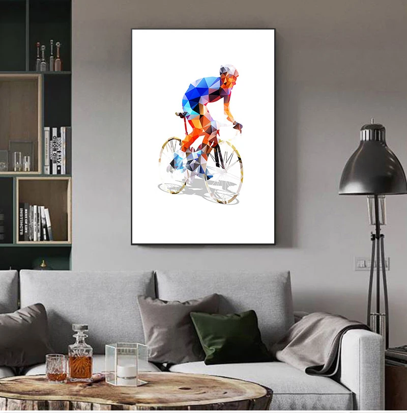 Abstract Geometrical Polygonal Cyclist Canvas Art Print Wall Pictures , Cycling Canvas Painting Poster Wall Decor