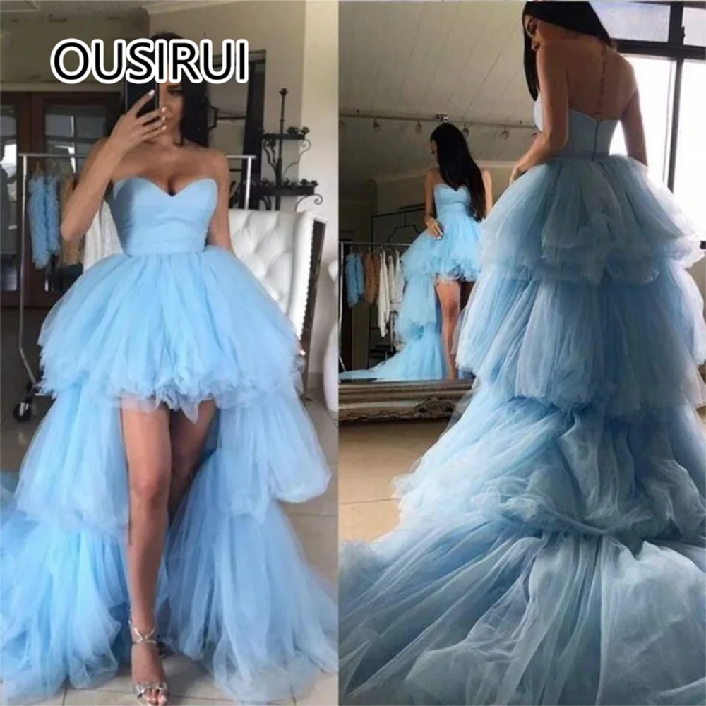 Stunning Strapless Tiered Tulle High Low Formal Evening Party Dress Backless Court Prom Cocktail Gown Women Custom Made