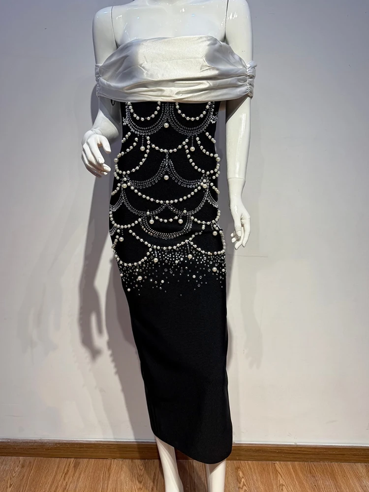 Women's Strapless Black and White Pearl Embellished Midi Dress Satin Bust Evening Gown for Cocktail Formal Events