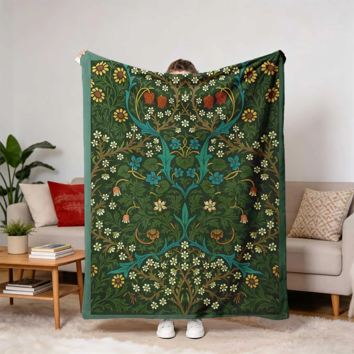 Vintage Dark Green Botanical Vine Throw Blanket, Elegant Retro Symmetric Flower Warm Blanket for Couch Trip Household Cottage