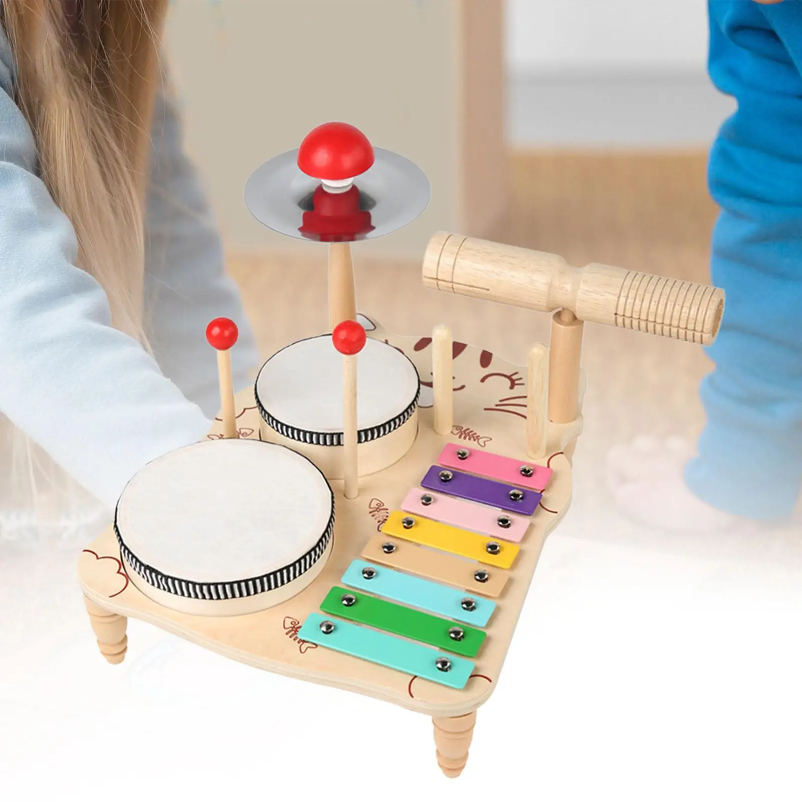 Xylophone Drum Set Kids Baby Drum Set, Educational Motor Skill Wooden Xylophone Musical Toy Musical Table for Boy Girl Kids