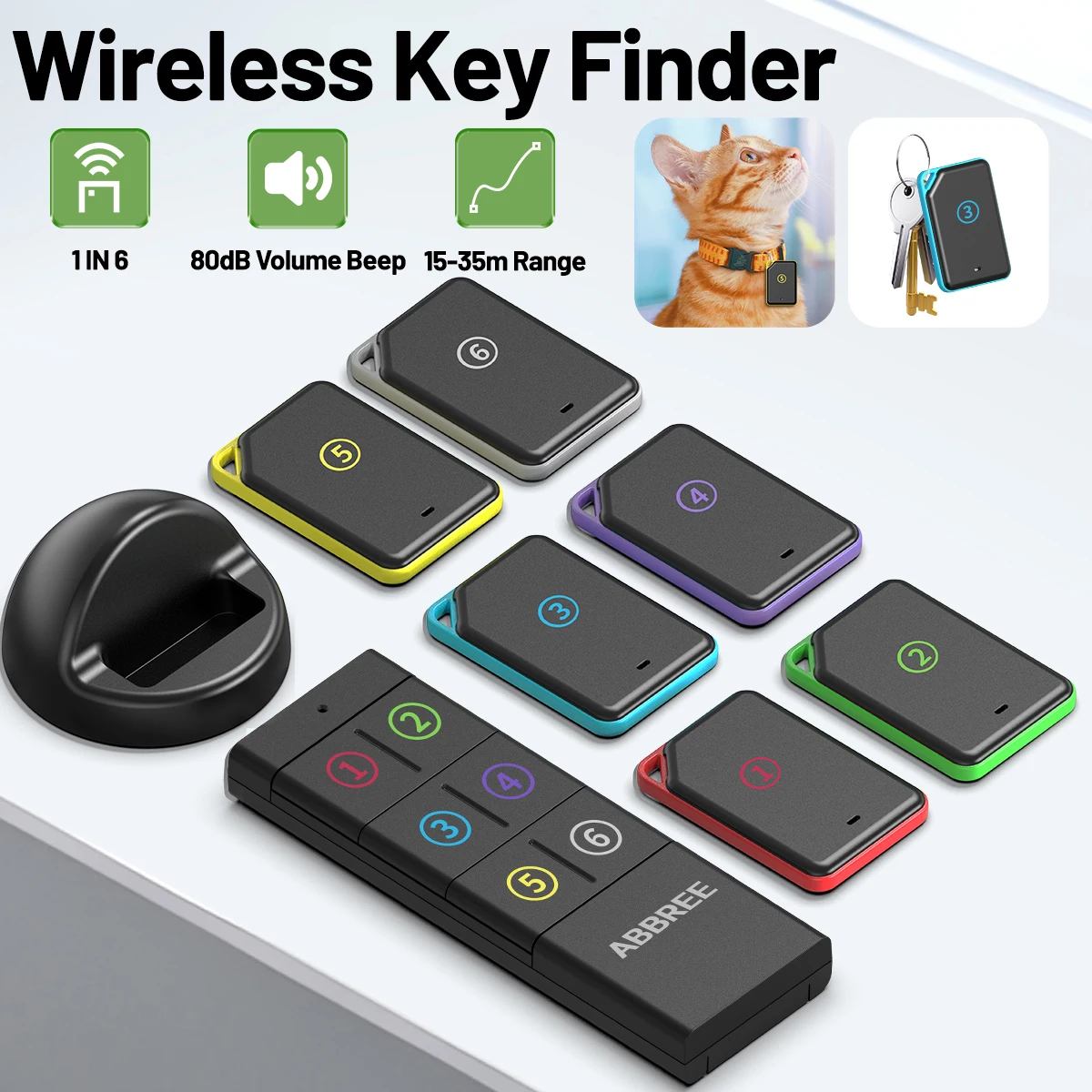 

ABBREE Wireless Key Finder Anti Lost 1RF Transmitter 6 Receiver Tracking Device Find My Locator for Key Wallet Pet Luggage Child