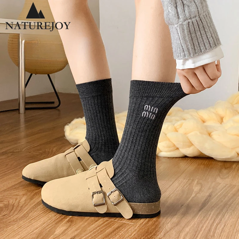 White Socks Set Women Stacking Stocking Birkenstock Cotton MinMin Embroidered Ballet Middle Tube Sock 3Pack Korean Autumn Winter