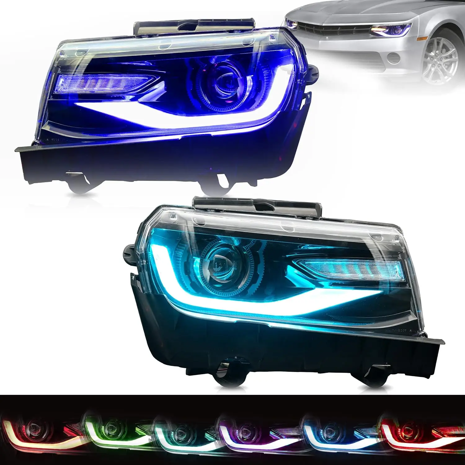 LED RGB Headlights for Chevrolet Camaro 2014 2015 Colorful DRL Amber Sequential Indicator