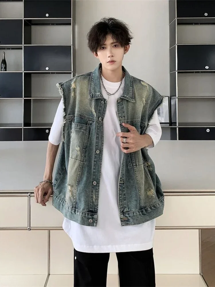 

Men's Sleeveless Distressed Denim Vest Spring Summer Casual Streetwear Hong Kong Style Retro