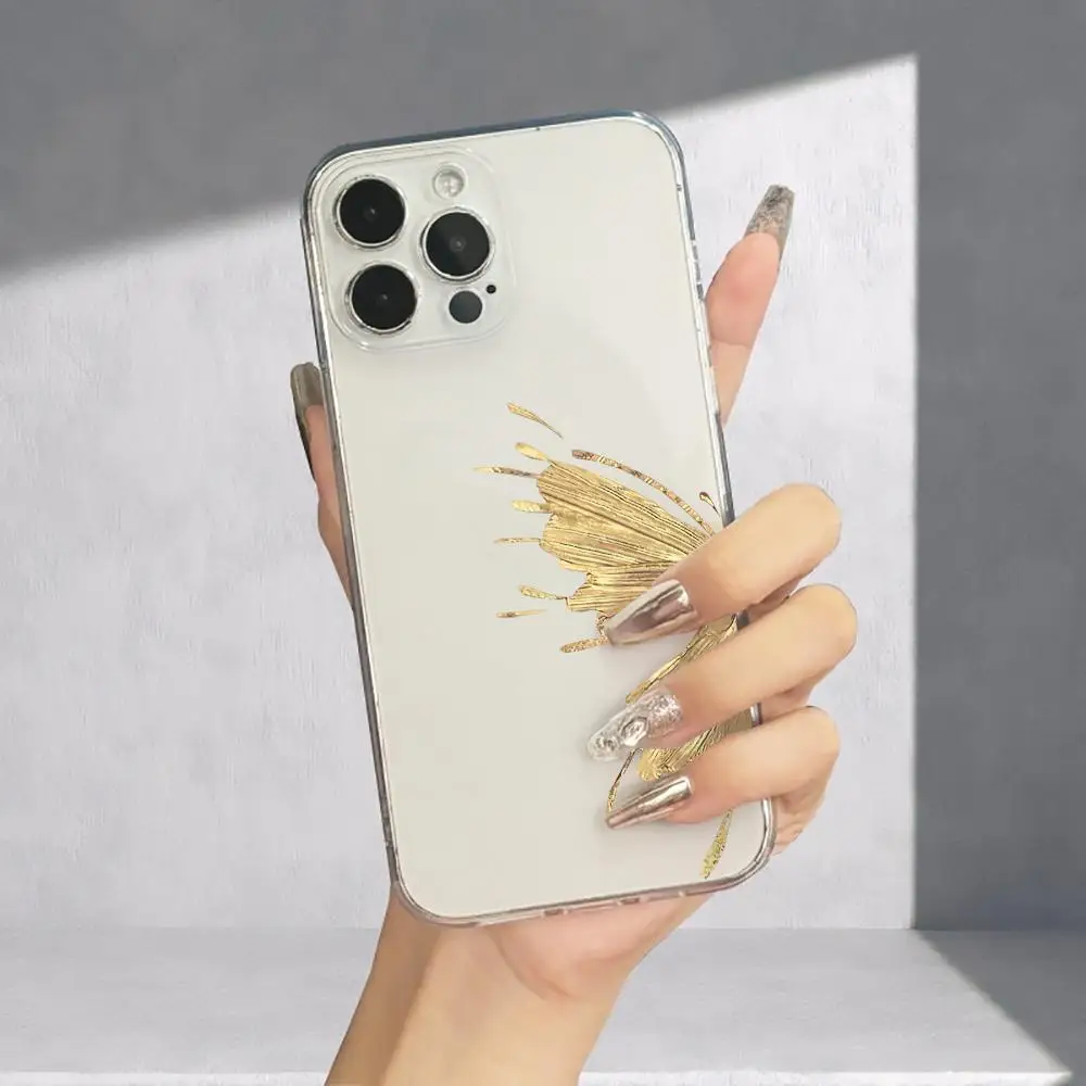 Funda de teléfono con diseño de mariposa dorada adecuada para iPhone 17 16 15 14 13 12 11 Pro/Max/Plus transparente anticaída y a prueba de golpes