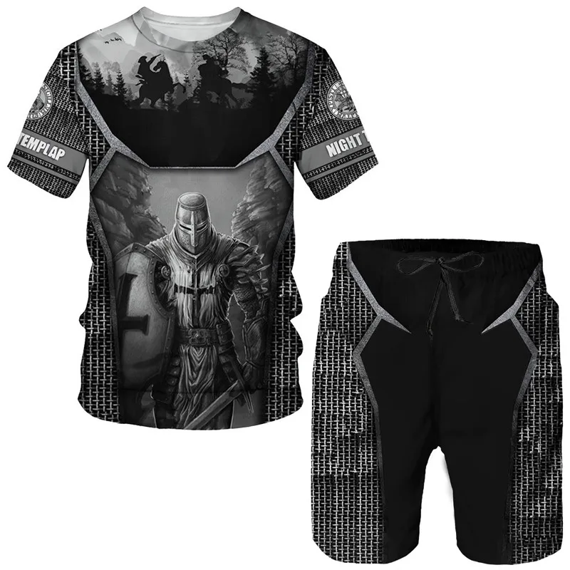 Knights Templar 3d Print Men's O-Neck Tracksuit Sets Summer T-Shirt Shorts 2 Piece Set Oversized Pullover Fashion Men Clothing