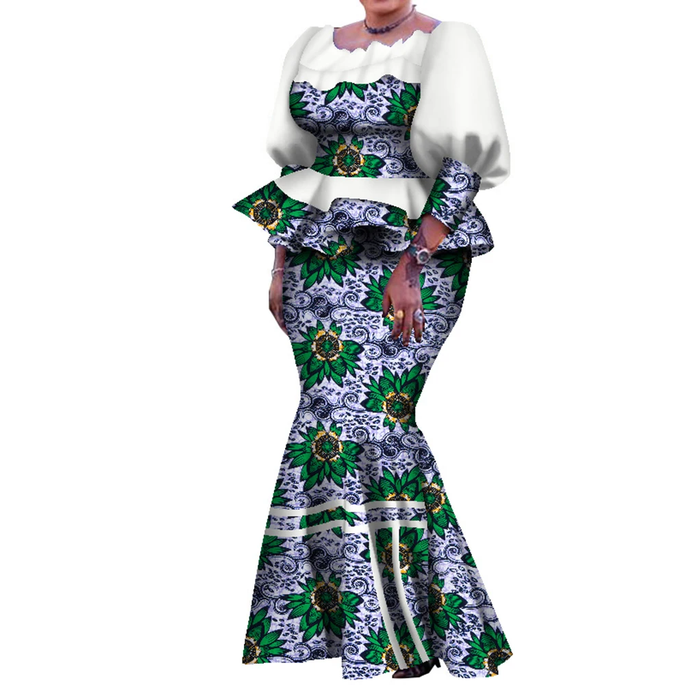 Traditional African Women Skirt Suit Pleated Top and Ankle Length Skirt Lovely Lady Plus Size Female Autumn Skirt Set WY7907