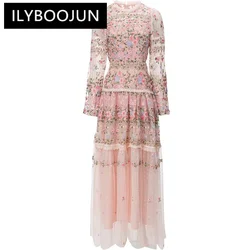 New 2023 Vintage Fashion Designer Dress Women's Mesh Embroidered Translucent Lantern Sleeve Slim Pink Maxi Long Dress