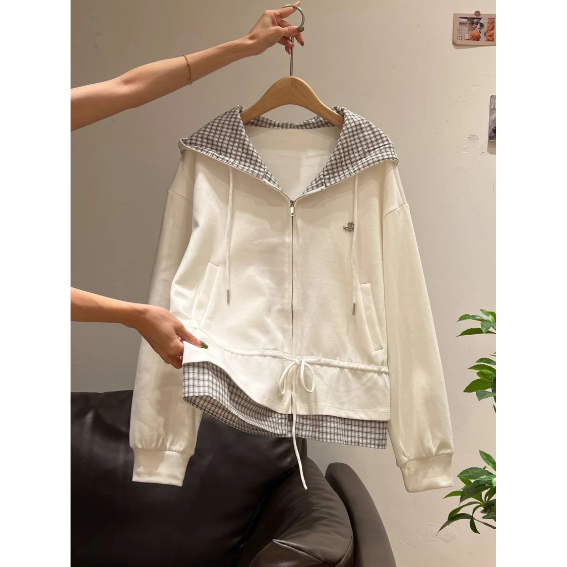 Zip Up Plaid Patchwork Fake Two Piece Drawstring Hem Waist Off White Drop Shoulder Preppy Casual Jacket Cropped Hooded Sweatshir