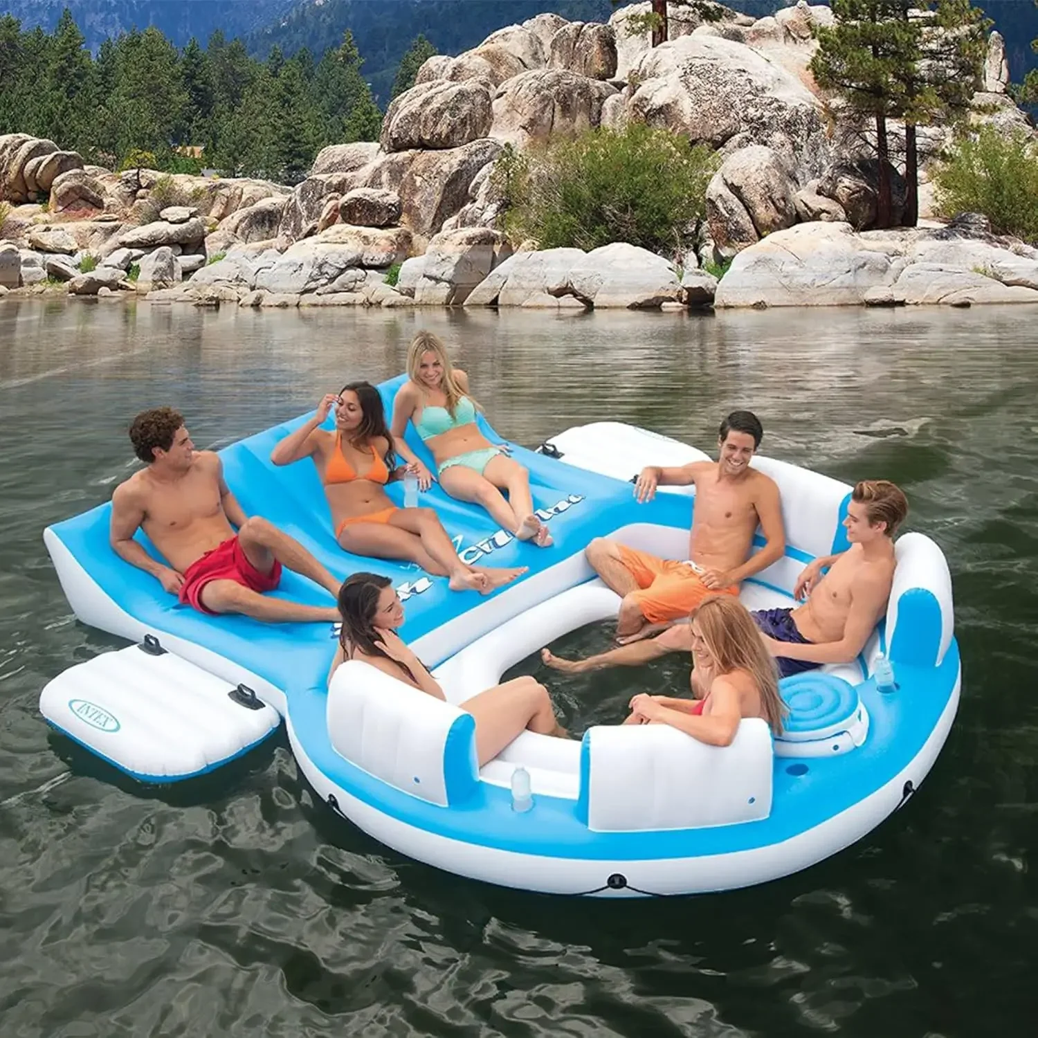 for up to 7 Adults, Blue and White 56299EP 145 x 125 x 20 Inch Inflatable Lake and Pool Relaxation Island Lounger Seat
