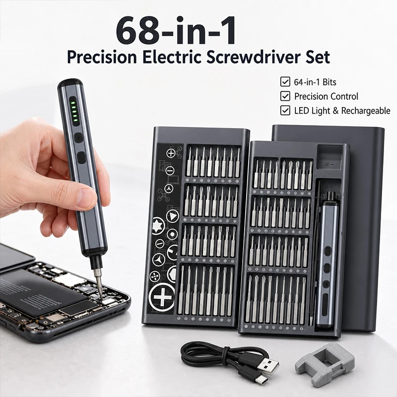 

68 in 1 Precision Electric Screwdriver Set, Rechargeable Portable , Magnetic Bits for iPhone PC Watch Camera Glasses Repair