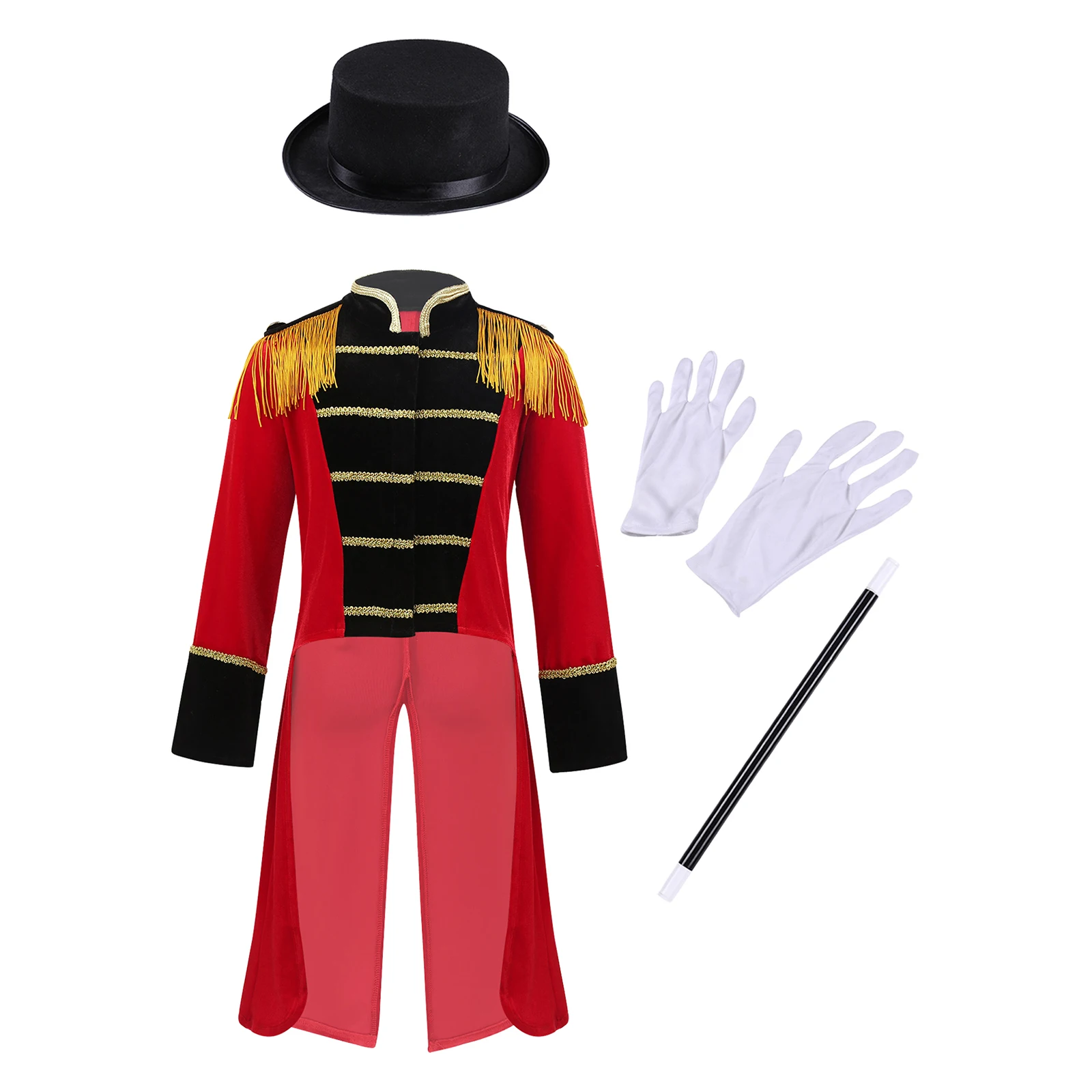 Kids Girls Boys Circus Ringmaster Performance Costume Tassels Shoulder Zipper Coat with Feathers Decorated Ceremonial Hat Set