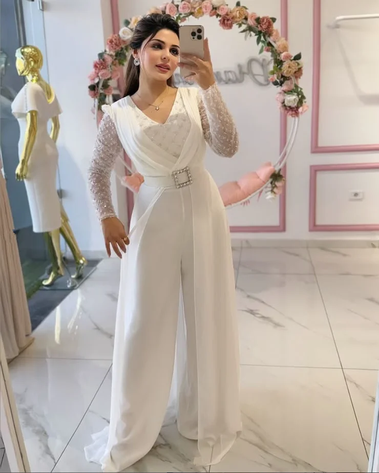 Chiffon Beaded Jumpsuit Prom Dresses with Overskirt Long Sleeve Pastrol Unis Customsized Saudi Evening Gown Suit Garment