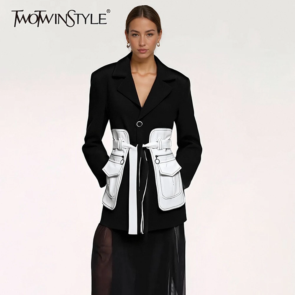 

TWOTWINSTYLE хит цвета сращенные карманы модные женские пиджаки с лацканами и длинными рукавами в стиле пэчворк на шнуровке темпераментный женский пиджак