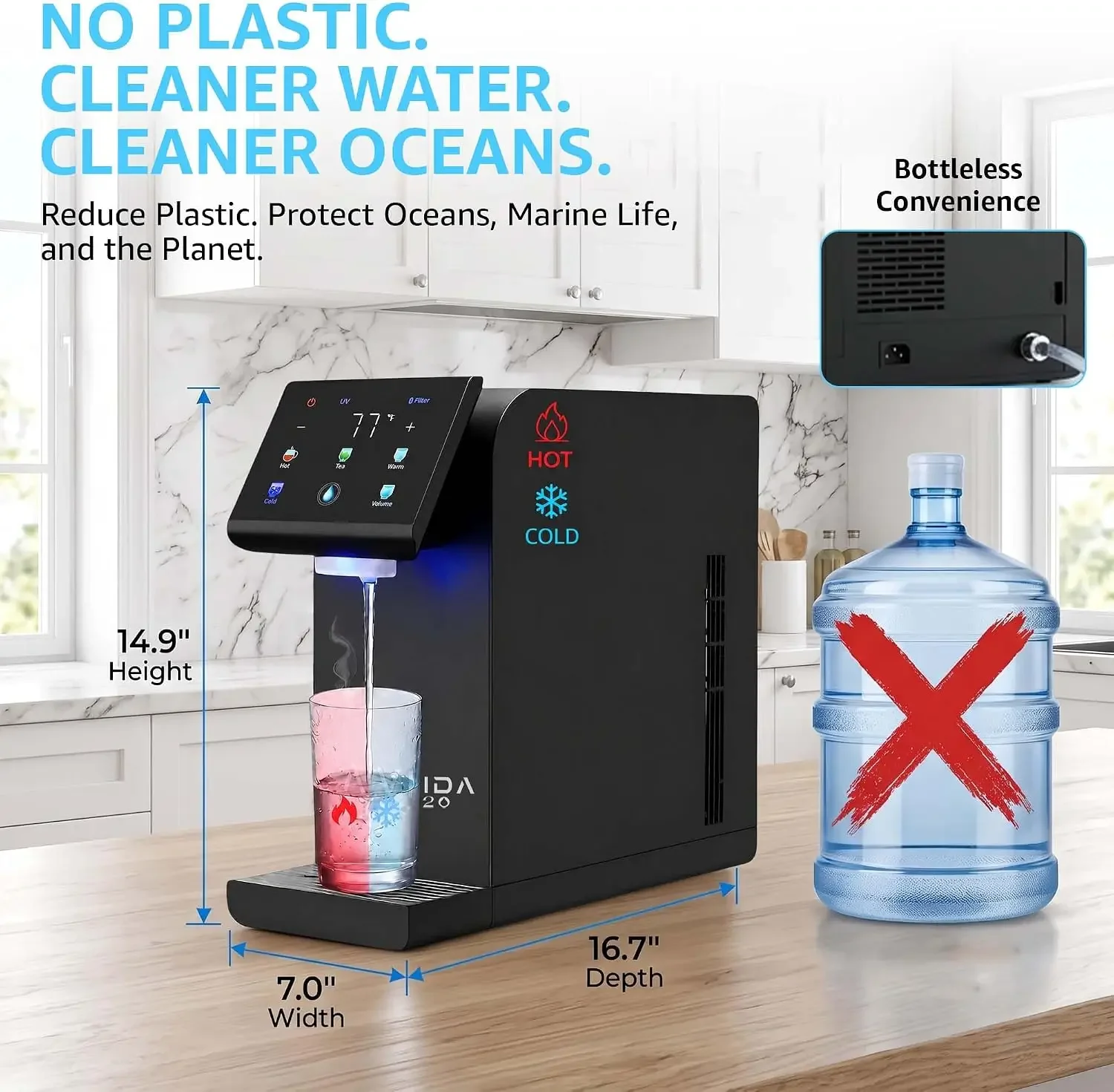 Countertop Bottleless Water Dispenser, Hot & Cold, WQA Filter + UV