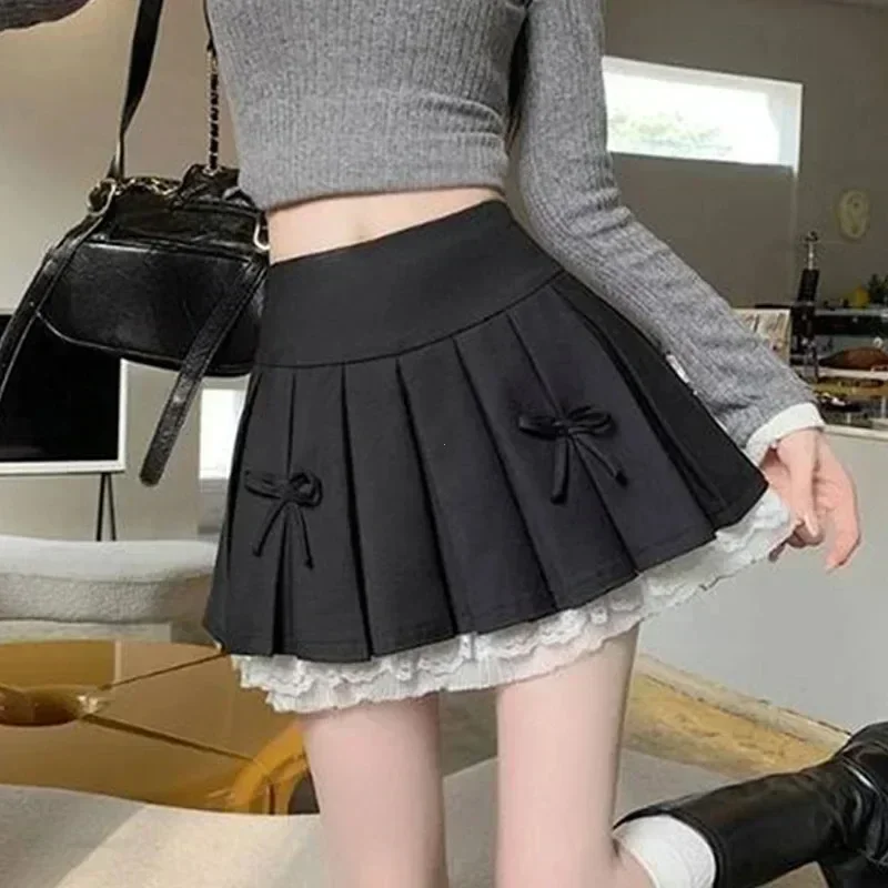 Korean Fashion Sweet High Waist College Pleated Skirt for Womenn Lace Preppy Bow Skirt Female A-line Pleated Skirt Y2k