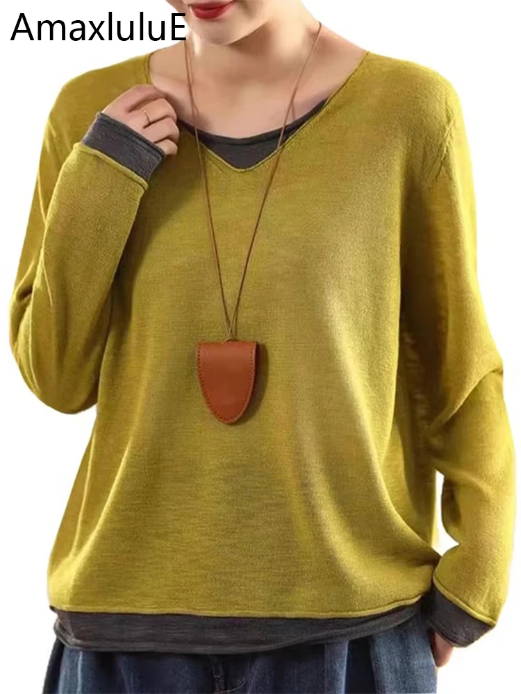

Amax luluE 2025 Spring Clothes Womens Fashion Loose Knitted Tshirts 2025 Ladies Luxury Classic Vintage Casual V Neck Cotton Tops