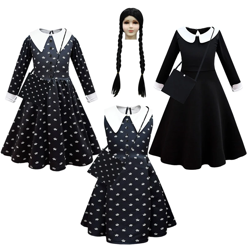 

Fashion Kids Movie Wednesday Addams Cosplay Princess Dress and Wig Bag Set Girl Halloween Costume Carnival Gothic Black Clothes