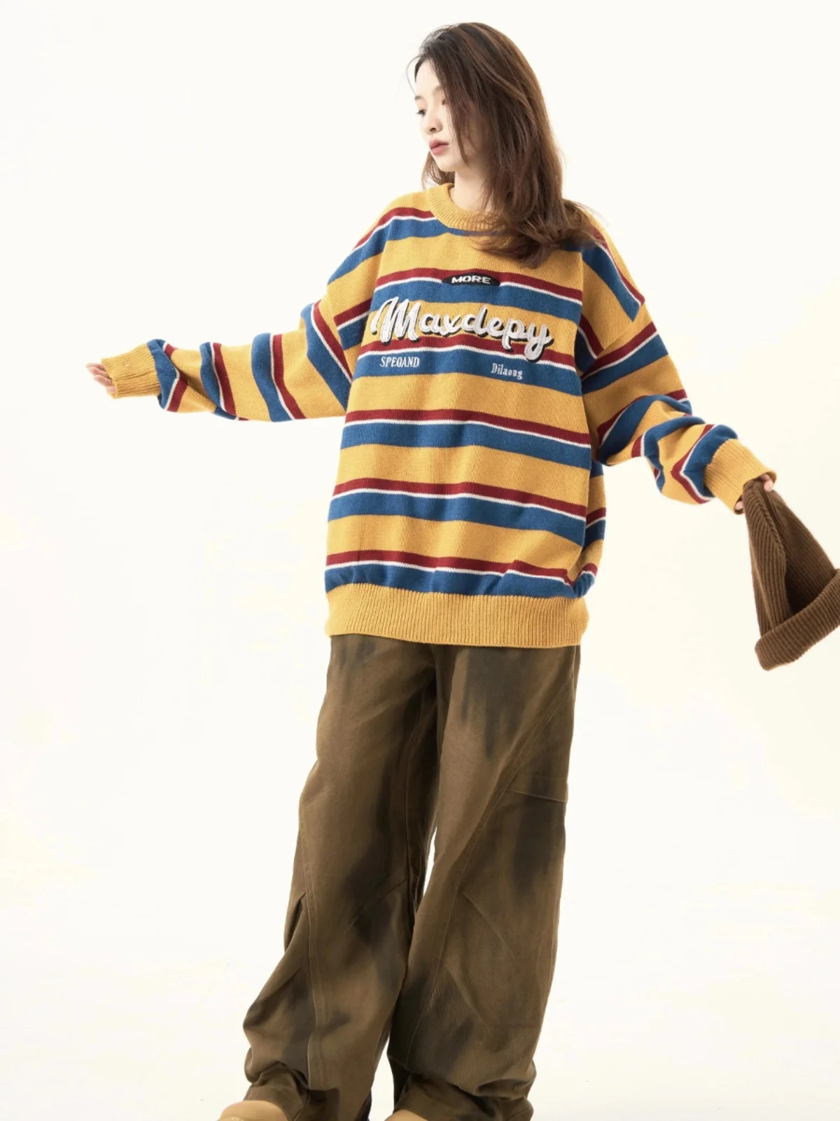 Retro American Embroidered Color Blo Striped round Ne Knitwear Men's Lazy Versatile Sweater Couple Trendy Autumn Faion