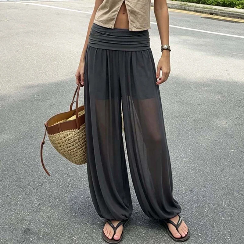 OMSJ Women's Sexy Mesh Micro Transparent Lantern Pants Casual Fashion Comfortable Loose Elastic Waist Folded Trousers Streetwear