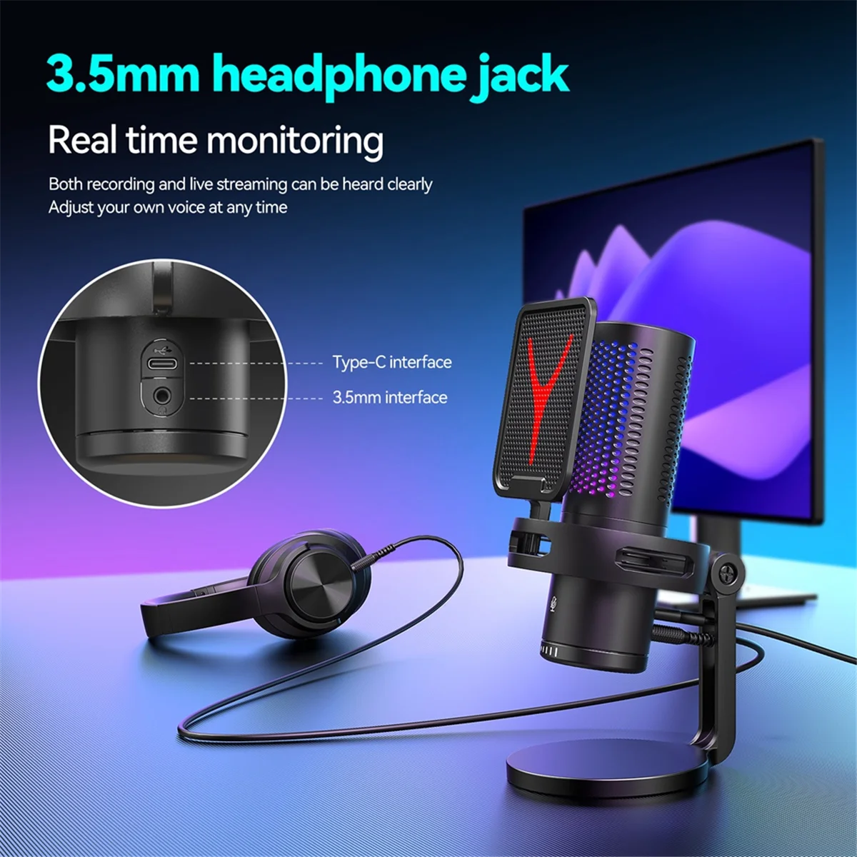 Gaming Microphone Professional Condenser Microphone RGB USB Wired Mic for PC Laptop Computer Podcast Gamer Karaoke