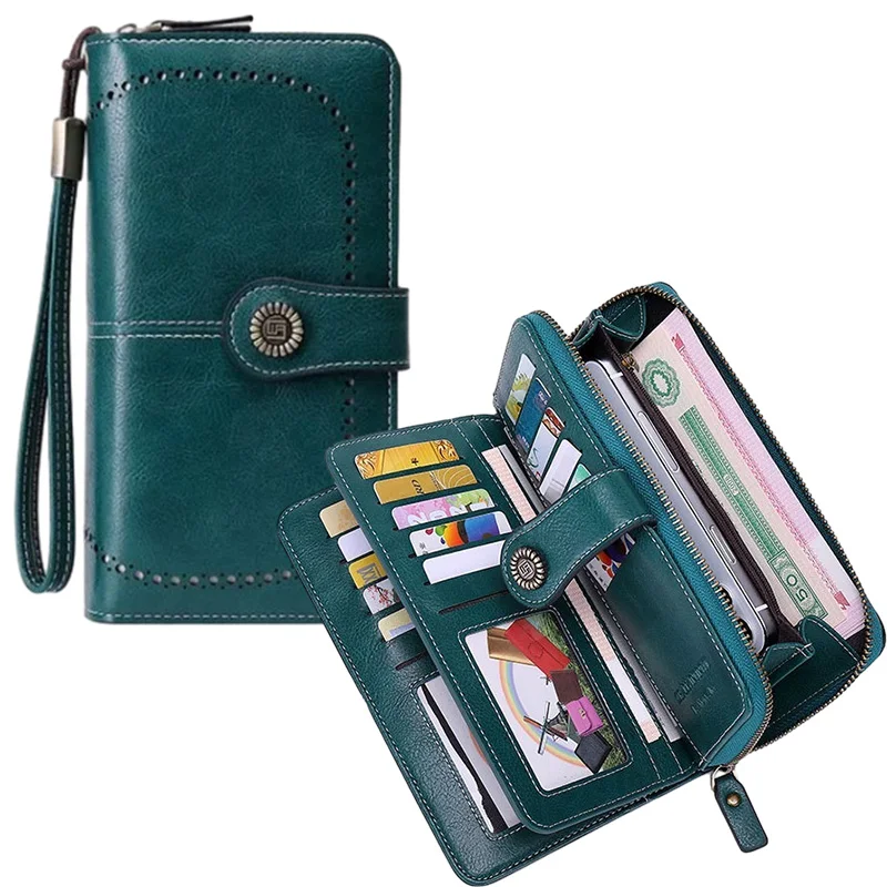 

RFID Anti-theft Retro Large Capacity Long Wallet Multi-card Women's Wallet Multi-function Zipper Wallet with Wrist Strap