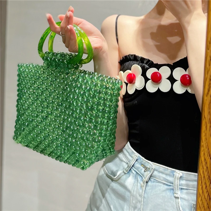 Green Transparent Crystal Bag Women\'s Fashion Retro Simple Handbag Beach Holiday Hand Woven Beaded Bags 2023 New Ladies Clutches