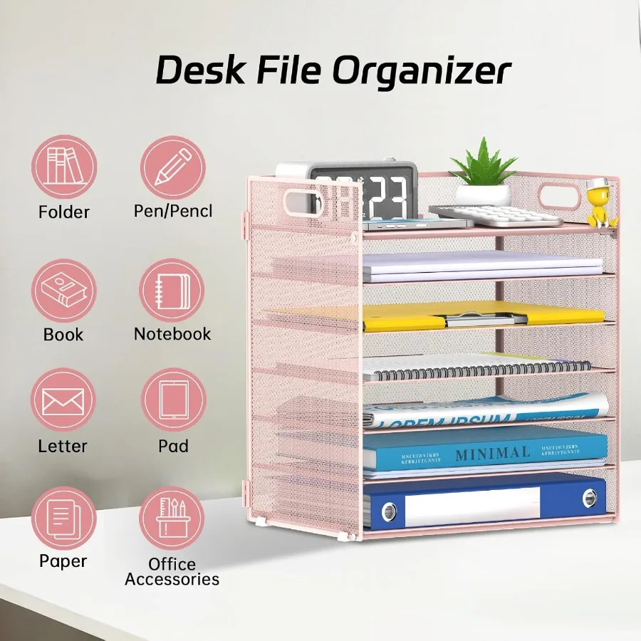 منظم ورق من 7 طبقات بتصميم شبكي ومقابض لتخزين سطح المكتب بكفاءة في إعدادات المكتب والمدرسة - أسود وردي - #4