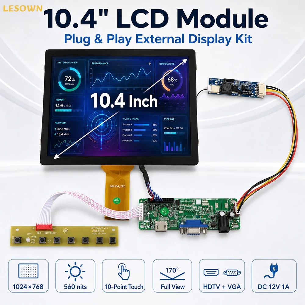 LESOWN Kit de Pantalla 10.4 inch 1024x768 Ready-to-Run LVDS 30PIN Touch Monitor with Button Board
