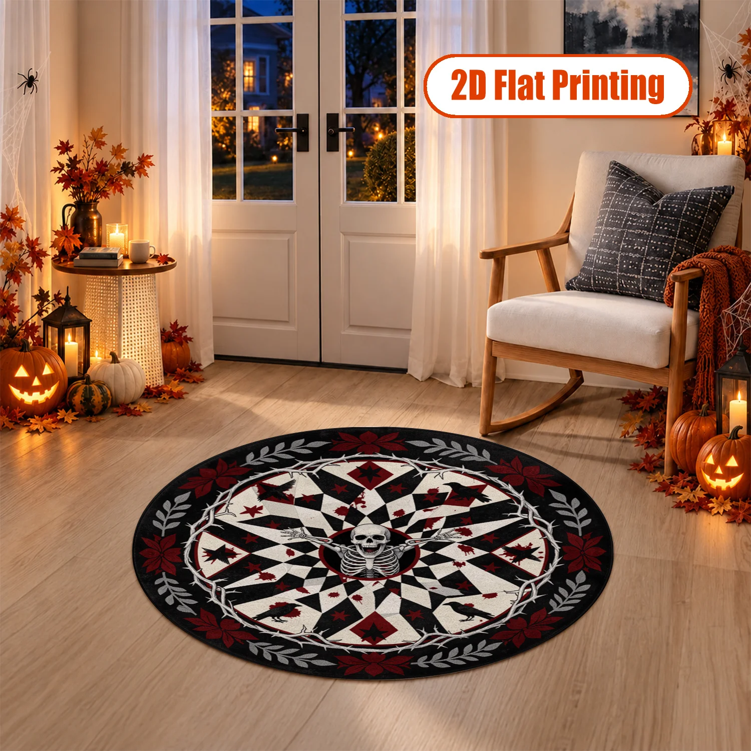 Gothic Skeleton Crow Thorn Geometric Pattern Round Velvet Rug, Machine Washable Soft Durable Area Rug for Living Room Bedroom Entryway Dining Space, Halloween Thanksgiving Black Friday Christmas New Year Home Decor