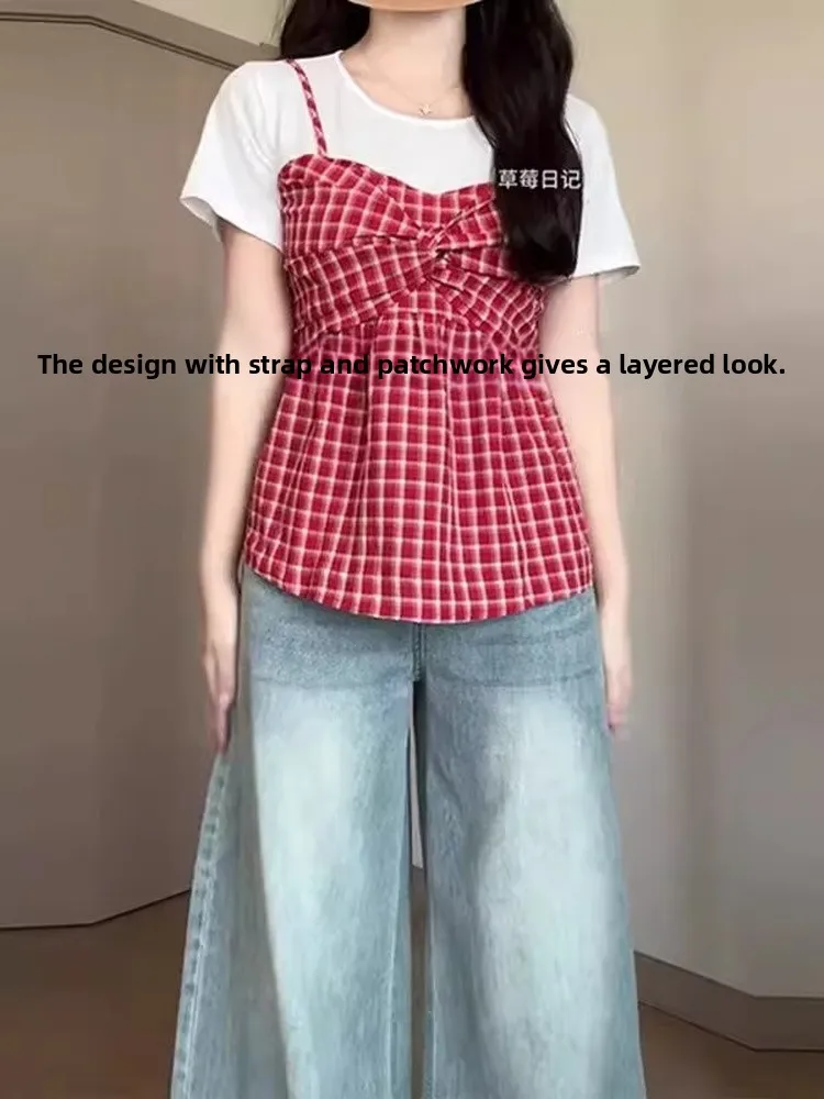 Slimming Plaid Patchwork Short Sleeve T-Shirt Women's Spring Summer New Style Shoulder Design Casual Comfortable Loose Fit Top