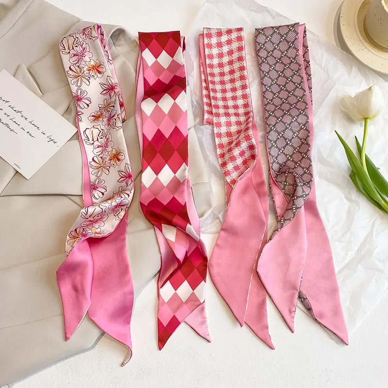 2023 New Fashion Print Pink Skinny Bag Ribbon Scarf for Women Soft Satin Hairband Foulard Neckerchief Female Neck Tie Hair Scarf