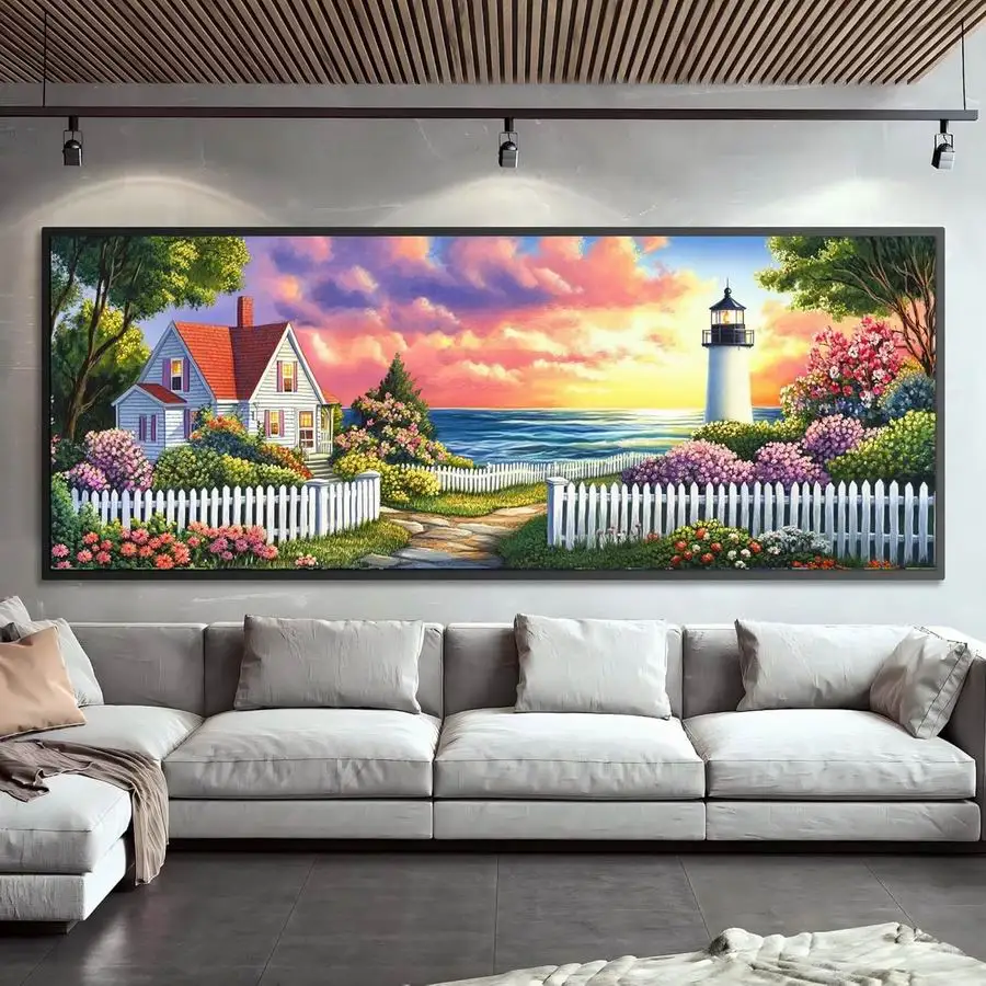 Fullcang Diy Diamond Mosaic Embroidery Seaside Garden House Lighthouse Diamonds Art Painting Extra Large Size Scenery Full Drill