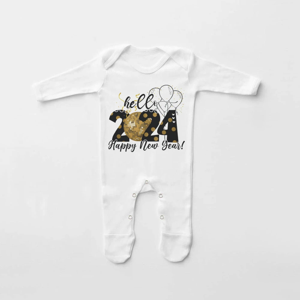 Hello 2024 Happy New Year Babygrow My First New Year Baby Romper Winter Infant Sleepsuit New Year Coming Home Outfit