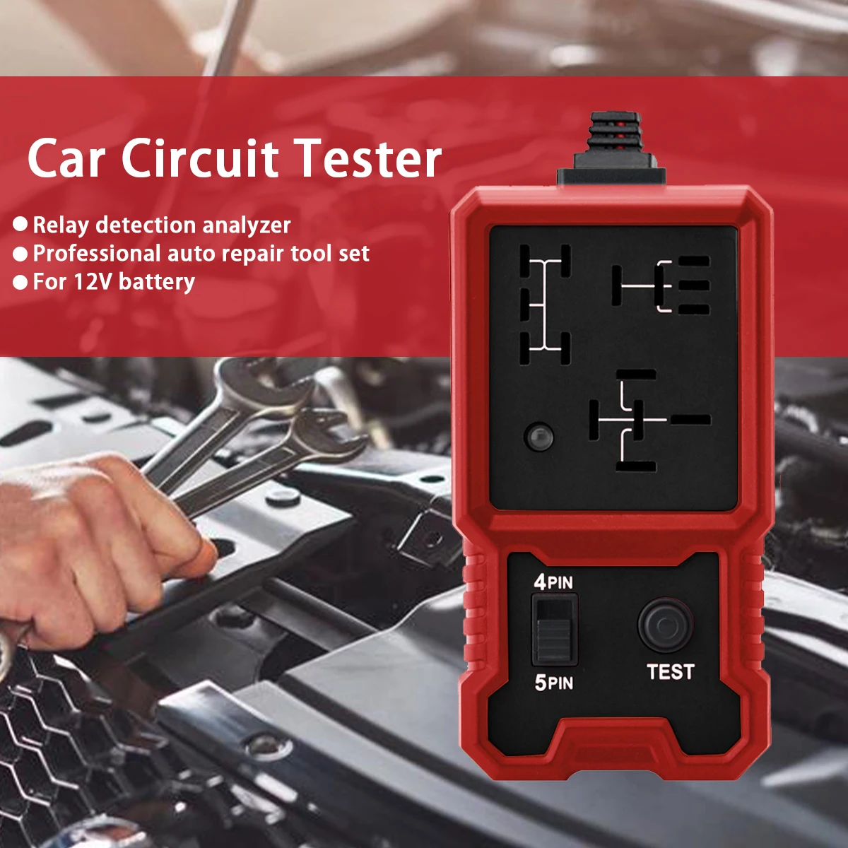 12V Automatic Relay Tester - Suitable for 4-Pin and 5-Pin Relays - Easy Diagnosis with Battery Clamp - Ideal for Automotive and Vehicle Systems