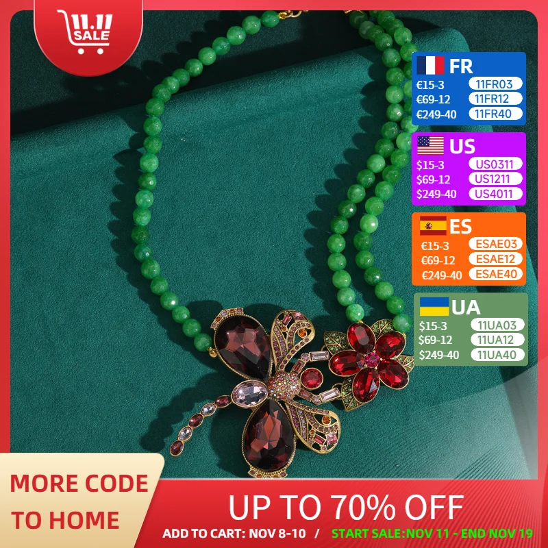 

Vintage Glaze Dragonfly Flower Necklace Green Beads For Woman Accessories Gold Color Designer Jewelry Unique Wedding New 2025