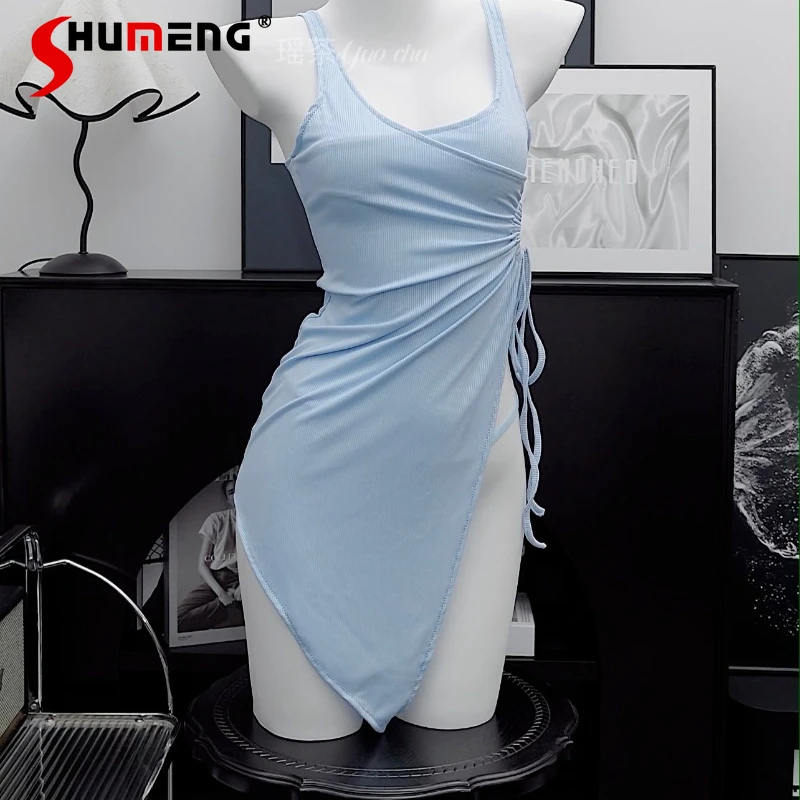 

Cool Sexy Fresh Sweet Deep V Sleepshirts Women's High Waist Slit Nightgowns Female Sleeveless High Waist Nightdress