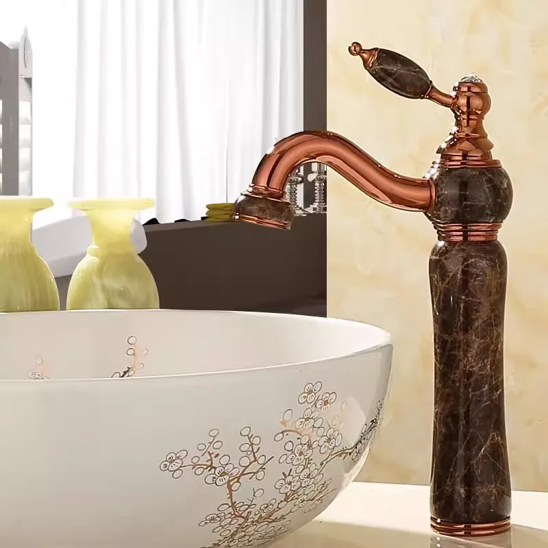 

Basin Faucet Brass Sink Mixer Tap Bathroom Hot & Cold Faucet Single Handle Jade Vase Shape Lavatory Crane Tap Gold Finished