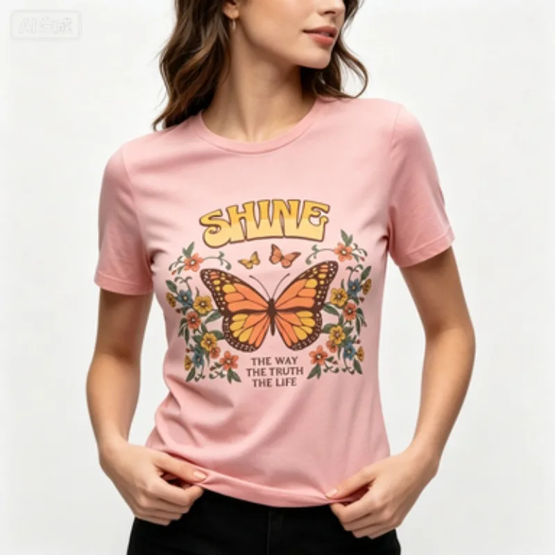 Women Short Sleeve T-shirt Retro Monarch Butterfly Floral Print Shine Inspirational Slogan Vintage Cottagecore Casual Summer Tee