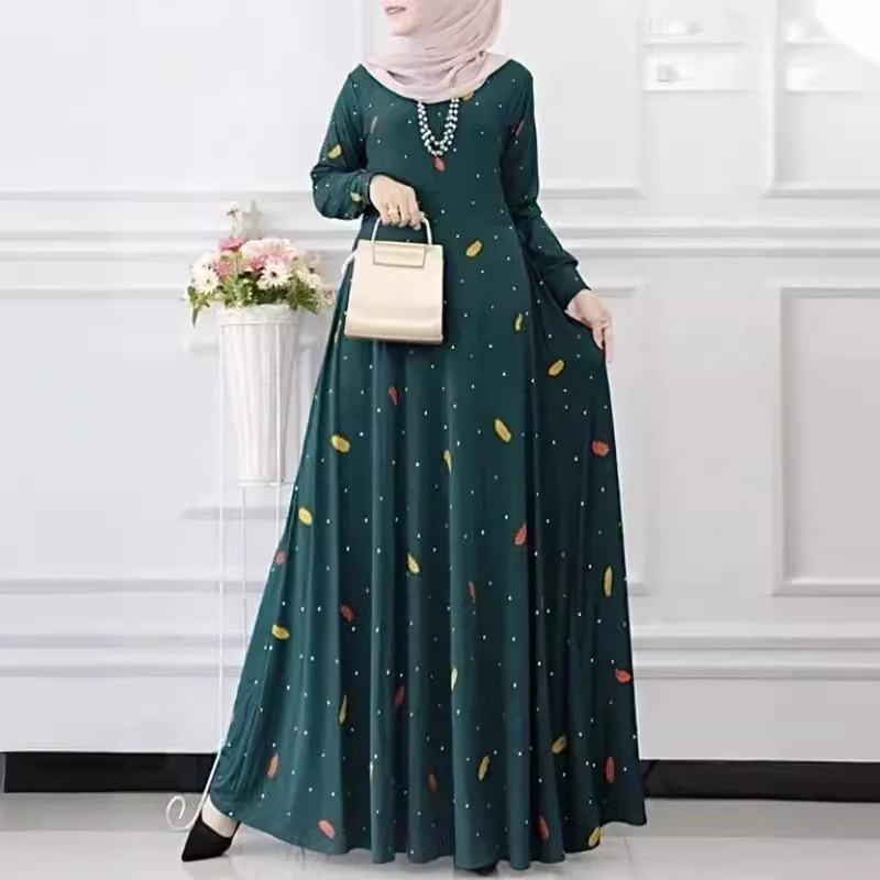 Muslim Women Long Sleeve Flared Dress with Leaf Dot Print Button Down Ethnic Style for Spring Autumn