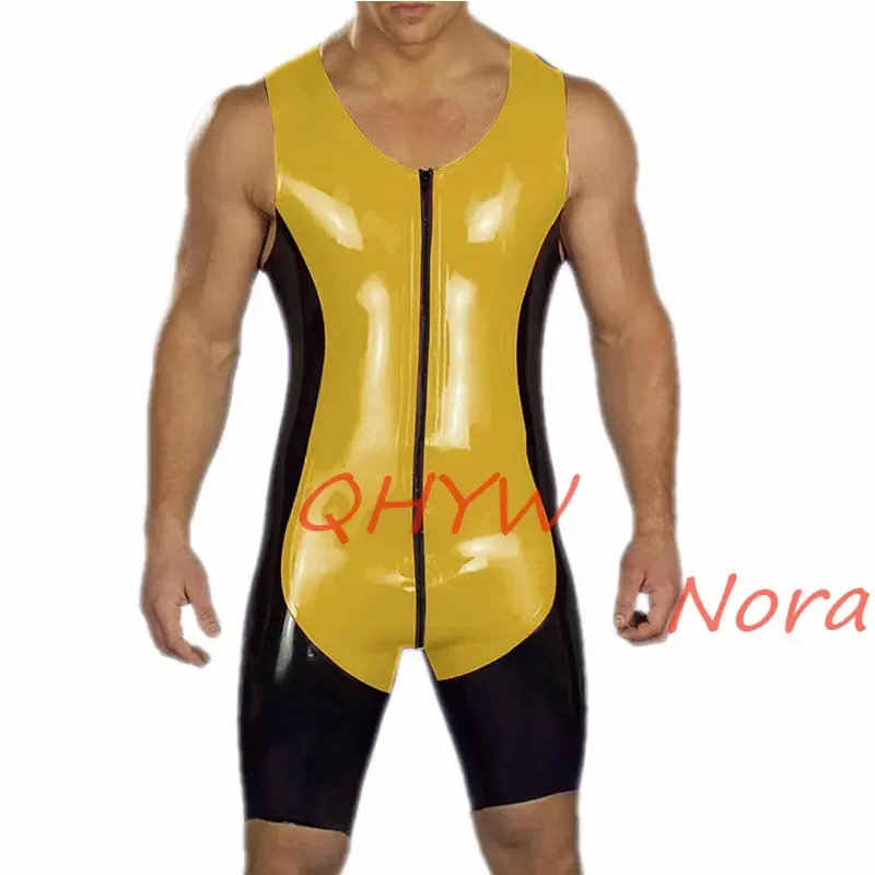 Handmade Latex Catsuit Yellow with Black Front Zip Sexy Fetish Rubber Rompers Top Customize XS-XXL Plus Size for Men