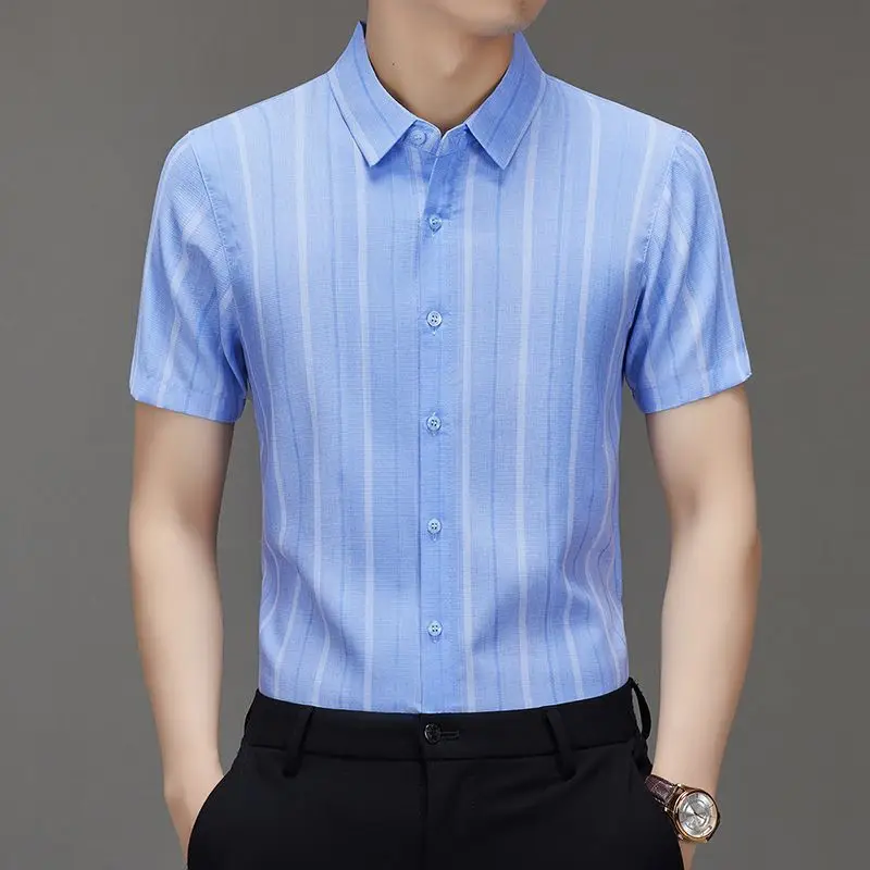 Mens Lapel Collar Vertical Stripe Slim Fit Short Sleeve Dress Shirt